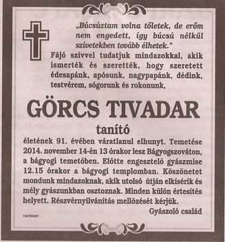 Görcs Tivadar gyászjelentése