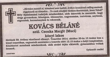 Kovács Béláné gyászjelntése