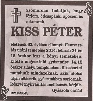 Kiss Péter gyászjelentése