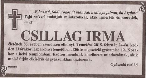 Csillag Irma gyászjelentése