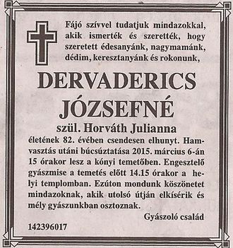 Dervaderics Józsefné gyászjelentése