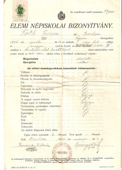 Bizonyítvány:Tóth Ferenc elemi népiskolai bizonyítványa