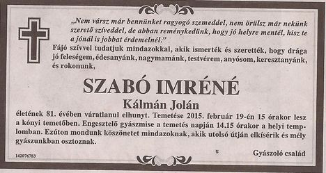 Szabó Imréné gyászjelentése