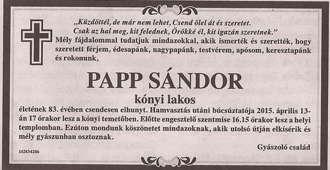 Papp Sándor gyászjelentése