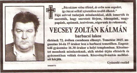 Vecsei Zoltán gyászjelentése