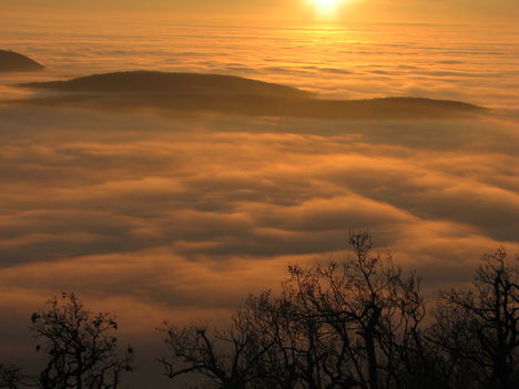 Kilátás a Pilisről, amikor a ködből csak a hegyek csúcsai látszanak ki