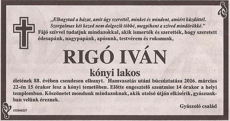 Rigó Iván gyászjelentése