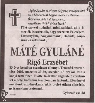 Máté Gyuláné gyászjelentése