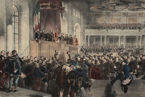 1848 - Az országgyűlés megnyitója- 1848. IV. törvénycikk Pozsonyból Pestre helyezte át az országgyűlést -  - August von Pettenkofen színezett litográfiája Borsos József festménye alapján-