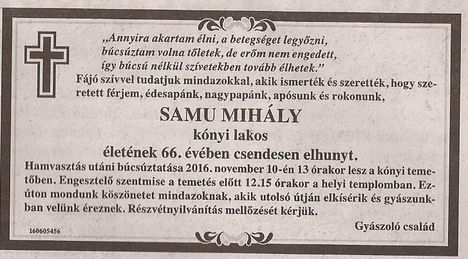 Samu Mihály gyászjelentése