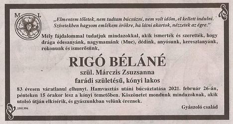 Rigó Béláné gyászjelentése