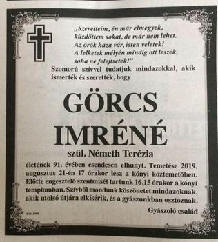 Görcs Imréné gyászjelentése
