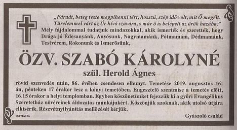 özv. Szabó Károlyné gyászjelentése