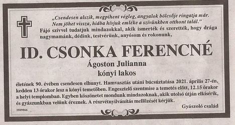 Csonka Ferencné gyászjelentése