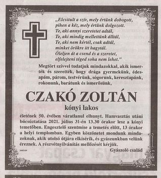 Czakó Zoltán gyászjelentése
