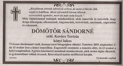 Dömötör Sándorné gyászjelentése