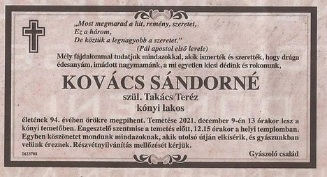Kovács Sándorné gyászjelentése