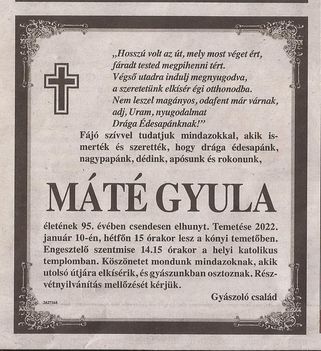 Máté Gyula gyászjelentése