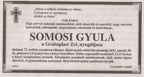 Somosi Gyula gyászjelentése