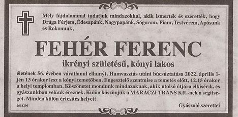 Fehér Ferenc gyászjelentése
