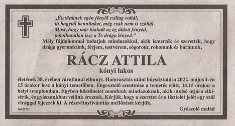 Rácz Attila gyászjelentése