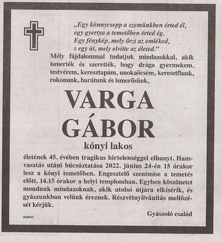 Varga Gábor gyászjelentése