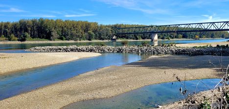 Kisvíz a Dunán a Vámosszabadi közúti hídnál, Győrzámoly 2023.10.17-én