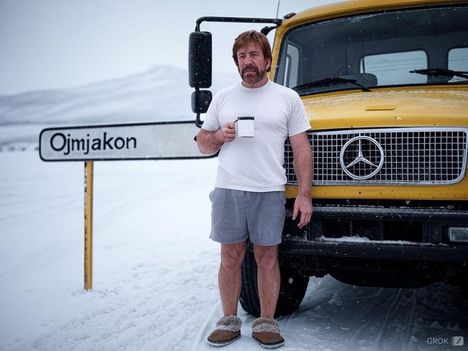 Chuck Norris forralt bort vásárol egy Family Frost autónál 1978 telén, Ojmjakon településen