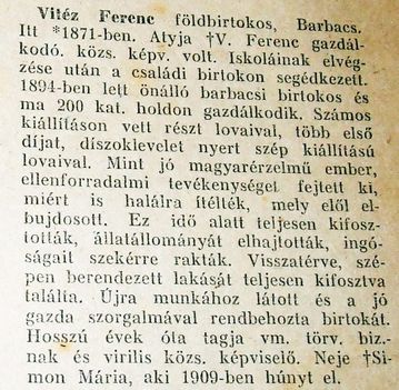 Barbacs-Vitéz Ferenc földbirtokos