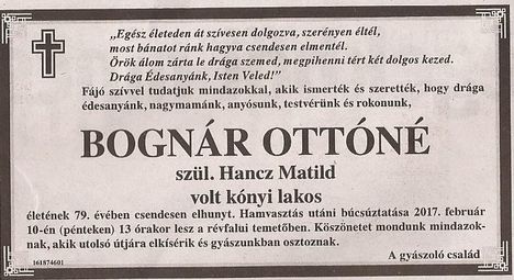 Bognár Ottóné gyászjelentése