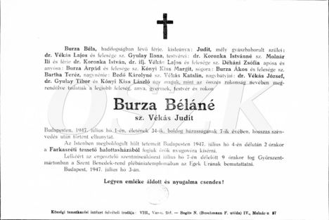Burza Béláné  gyászjelentése
