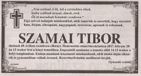 Szamai Tibor gyászjelentése