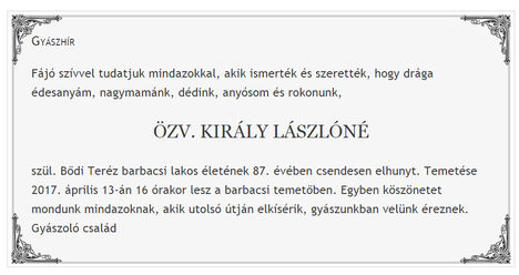 Elhunyt özv.Király Lászlóné