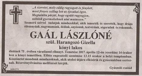 Gaál Lászlóné gyászjelentése