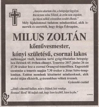 Milus Zoltán gyászjelentése