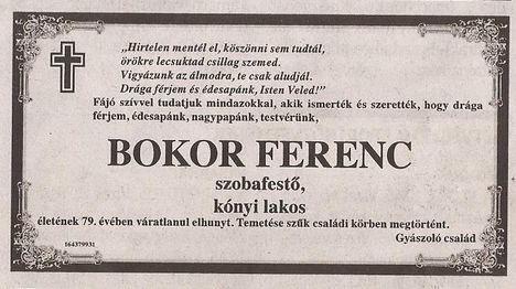 Bokor Ferenc gyászjelentése