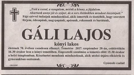 Gáli Lajos gyászjelentése