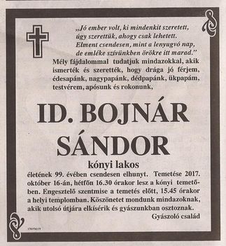 id. Bojnár Sándor gyászjelentése