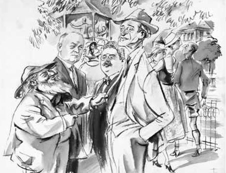 Karikatúra a leghíresebb bécsi operettszerzőkről balról jobbra Edmund Eysler, Franz Lehar, Leo Acher, Oscar Straus