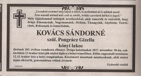 özv. Kovács Sándorné gyászjelentése