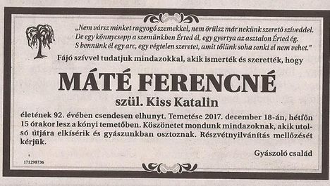 Máté Ferencné gyászjelentése