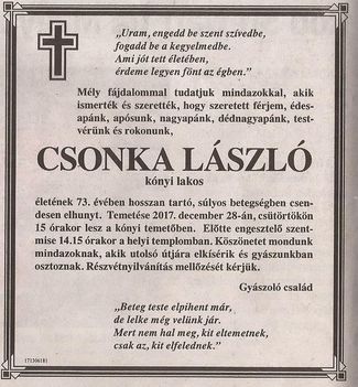 Csonka László gyászjelentése