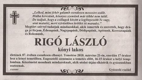 Rigó László gyászjelentése