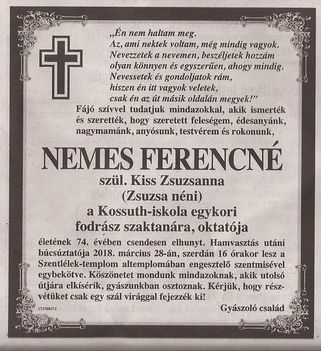 Nemes Ferencné gyászjelentése