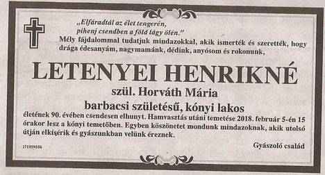 Letenyei Henrikné gyászjelentése