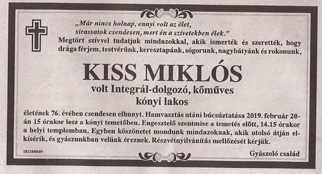 Kiss Miklós gyászjelentése