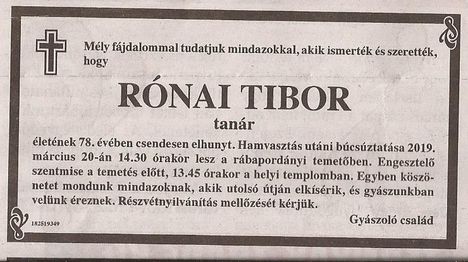 Rónai Tibor gyászjelentése