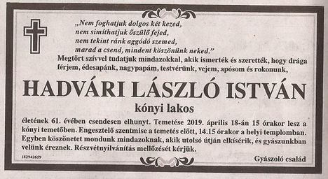 Hadvári László gyászjelentése