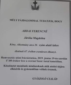 Abdai Ferencné gyászjelentése