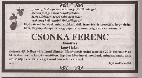 Csonka Ferenc gyászjelentése